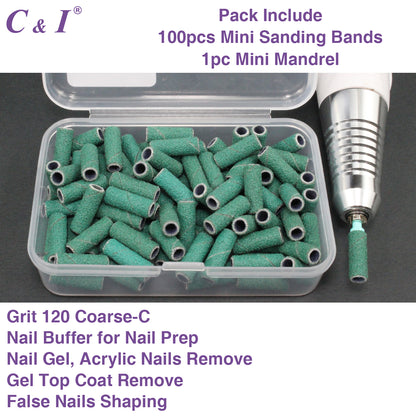 C & I 100pcs Small Sanding Bands & 1pc Slim Mandrel Nail Drill Bit Set Acrylic Gel Remove False Nails Shaping Cuticle Care Nail Prep Efile Nail Supplies for Nail Salon