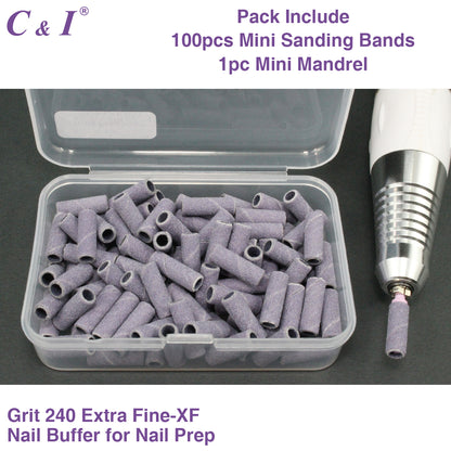 C & I 100pcs Small Sanding Bands & 1pc Slim Mandrel Nail Drill Bit Set Acrylic Gel Remove False Nails Shaping Cuticle Care Nail Prep Efile Nail Supplies for Nail Salon