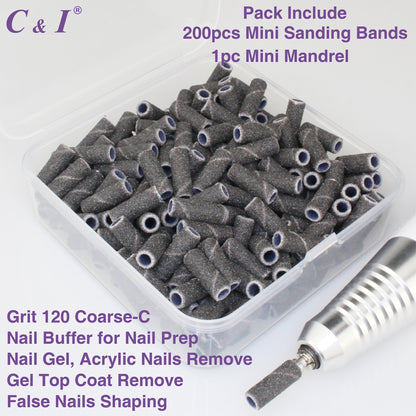 C & I Nail Drill Bit Set Small Sanding Bands 200pcs & Slim Mandrel 1pc Acrylic Gel Nail File Fake Nails Shaping Cuticle Care Nail Prep Efile Nail Supplies for Nail Techs
