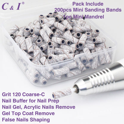 C & I Nail Drill Bit Set Small Sanding Bands 200pcs & Slim Mandrel 1pc Acrylic Gel Nail File Fake Nails Shaping Cuticle Care Nail Prep Efile Nail Supplies for Nail Techs