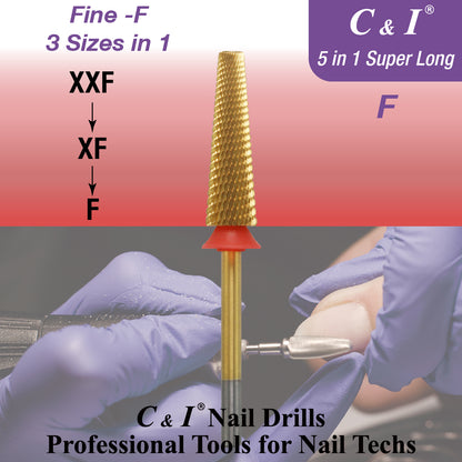 C&I 5 in 1 Nail Drill Bit Super Long Slim Efile Professional Nail Bits Nail Tech Must Have for Extension Nails Acrylic Powder Hard Gel Nail Tip Cuticle Remover Nail Supplies
