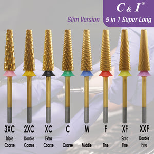 C&I 5 in 1 Nail Drill Bit Super Long Slim Efile Professional Nail Bits Nail Tech Must Have for Extension Nails Acrylic Powder Hard Gel Nail Tip Cuticle Remover Nail Supplies