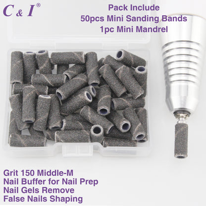 C & I Nail Drill Bits 50pcs Mini Sanding Bands & 1pc Mini Mandrel Acrylic Gel Nails Remove Fake Nails Shaping Cuticle & Nail Prep Function Nail Supplies for Nail Techs