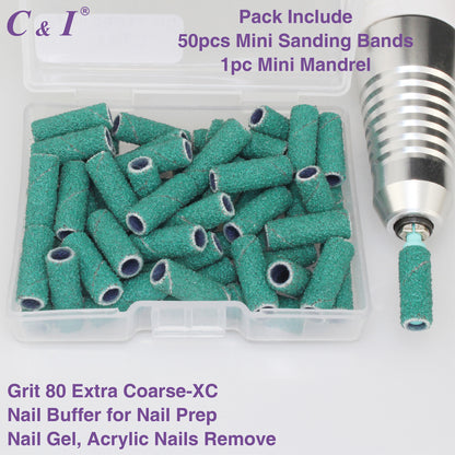 C & I Nail Drill Bits 50pcs Mini Sanding Bands & 1pc Mini Mandrel Acrylic Gel Nails Remove Fake Nails Shaping Cuticle & Nail Prep Function Nail Supplies for Nail Techs