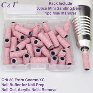 C & I Nail Drill Bits 50pcs Mini Sanding Bands & 1pc Mini Mandrel Acrylic Gel Nails Remove Fake Nails Shaping Cuticle & Nail Prep Function Nail Supplies for Nail Techs