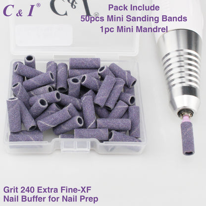 C & I Nail Drill Bits 50pcs Mini Sanding Bands & 1pc Mini Mandrel Acrylic Gel Nails Remove Fake Nails Shaping Cuticle & Nail Prep Function Nail Supplies for Nail Techs