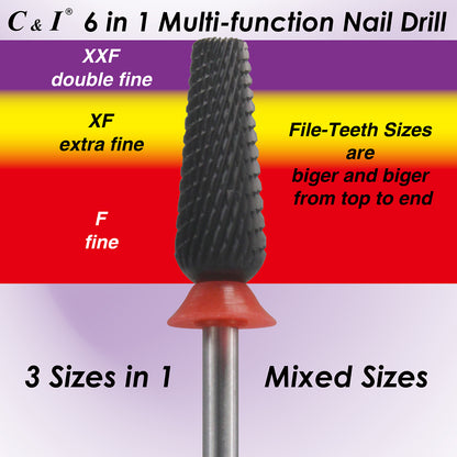 C & I Nail Drill Bit 6 in 1 Multi-function Rounded End E-file, Diamond Coat, CNC Overall Cut Nail Tools for Nail Techs Quick Remove Acrylic Nail Gels & Nail Art