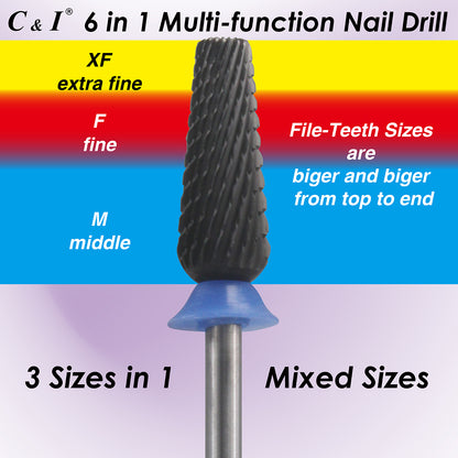 C & I Nail Drill Bit 6 in 1 Multi-function Rounded End E-file, Diamond Coat, CNC Overall Cut Nail Tools for Nail Techs Quick Remove Acrylic Nail Gels & Nail Art
