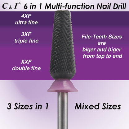 C & I Nail Drill Bit 6 in 1 Multi-function Rounded End E-file, Diamond Coat, CNC Overall Cut Nail Tools for Nail Techs Quick Remove Acrylic Nail Gels & Nail Art
