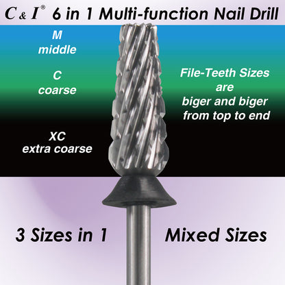 C & I Nail Drill Bit 6 in 1 Multi-function Rounded End E File, Tungsten Steel CNC Overall Cutting, Manicure Tool for Nail Tech Quick Remove Nail Gels, Acrylic Nails