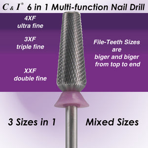 C & I Nail Drill Bit 6 in 1 Multi-function Rounded End E File, Tungsten Steel CNC Overall Cutting, Manicure Tool for Nail Tech Quick Remove Nail Gels, Acrylic Nails
