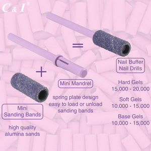 C & I 100pcs Small Sanding Bands & 1pc Slim Mandrel Nail Drill Bit Set Acrylic Gel Remove False Nails Shaping Cuticle Care Nail Prep Efile Nail Supplies for Nail Salon